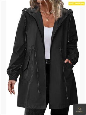 Long Raincoat Lightweight Waterproof Hooded Jacket Plus Size Adjustable Waist